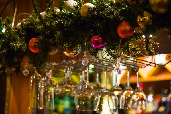 Empty glasses on table in night club or restaurant, closeup