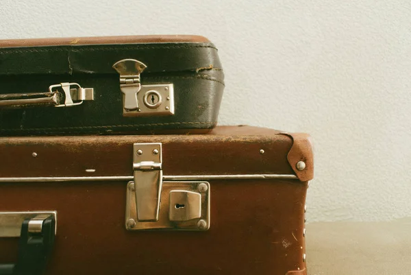 Part of vintage leather travel valises or old suitcase for comfort voyage. Close up
