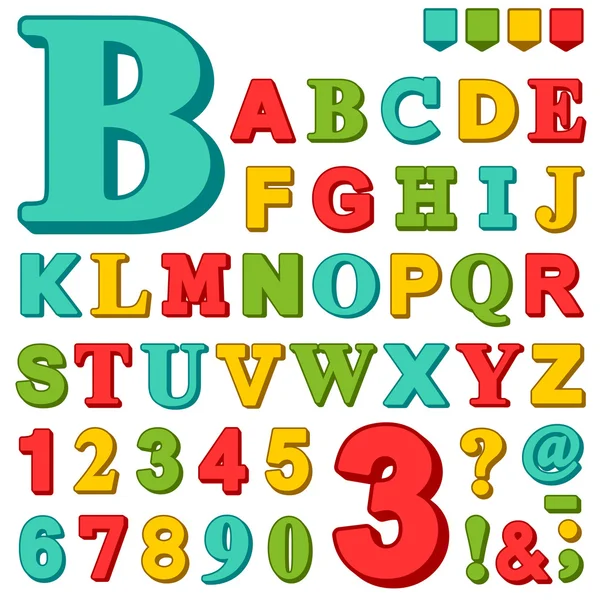 Lettere e numeri alfabetici brillantemente colorati — Vettoriale Stock