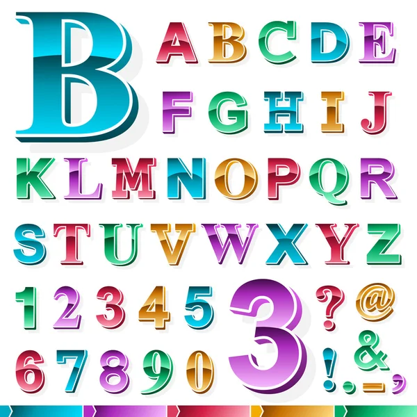Полный набор цветного алфавита и чисел — стоковый вектор