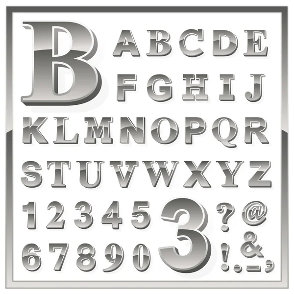 Greyscale metallic numerals and alphabet letters — Stock Vector