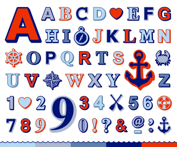 Alfabeto marino e numeri con icone nautiche — Vettoriale Stock
