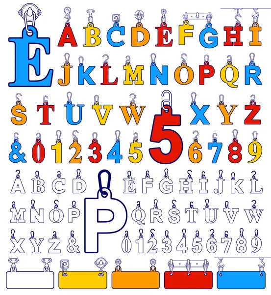 Alphabet design elements and number tags on hooks — Stock Vector