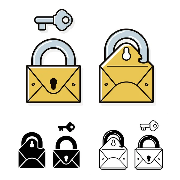 Locked mail icon collection with padlock and key — Stock Vector