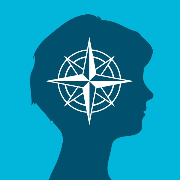 Woman head silhouette icon with a compass rose — Stock Vector