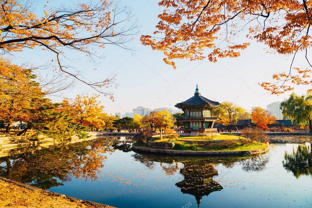 Gyeongbokgung Palace Hyangwonjeong at autumn in Seoul, Korea