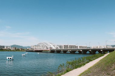 Tekne ve Chuncheon, Kore nehir kenarında park köprüde ördek