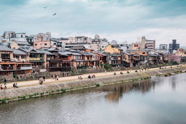 Eski ahşap ev kiraz çiçeği ve Kamo Nehri Gion street Kyoto, Japonya