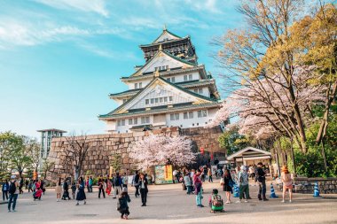 Osaka Kalesi ve turist insanlar Japonya'da baharın kiraz çiçekleri ile