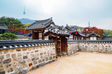 Kore geleneksel ev ve Kore'de sonbahar Namsan Seul Kulesi