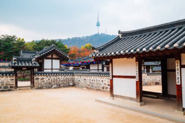 Korean traditional house and Namsan Seoul tower at autumn clipart