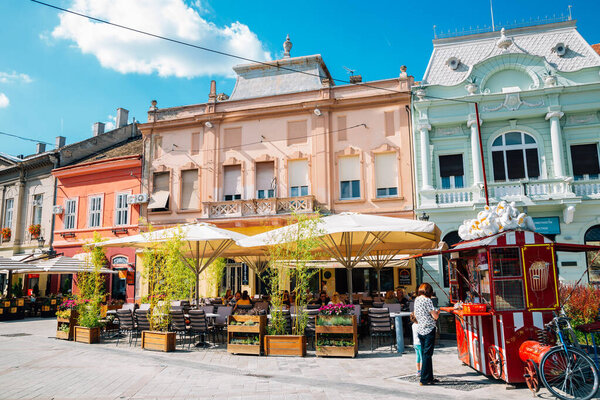 Novi Sad, Serbia - July 17, 2019 : Dunavska street, restaurants and colorful buildings
