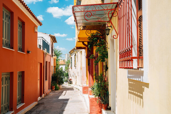 Plaka district colorful street in Athens, Greece