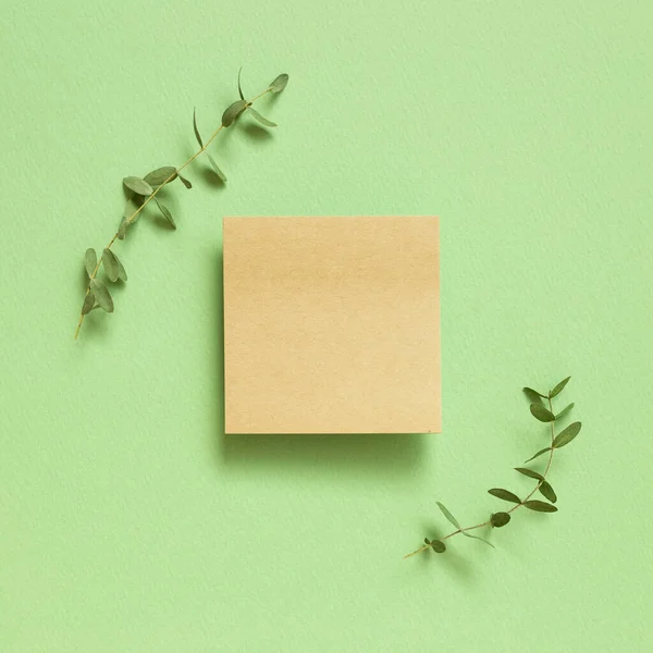 Kraft memo pad, empty paper with eucalyptus leaves on pastel green background. top view, copy space