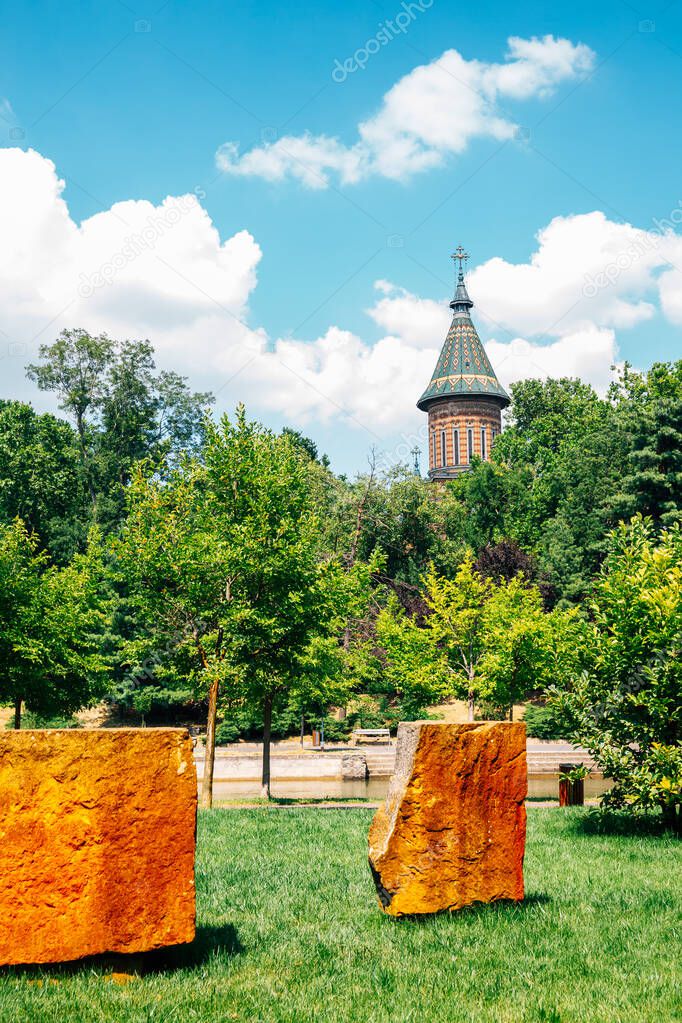 Bega Riverside park with Orthodox Metropolitan Cathedral in Timisoara, Romania