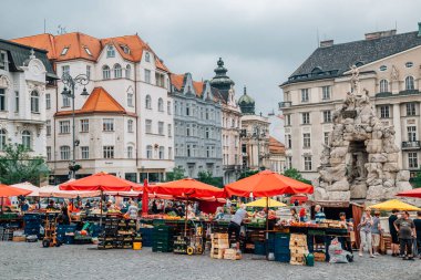 Brno, Çek Cumhuriyeti - 20 Haziran 2019: Parnas çeşmesi ve Zelny trh eski kasaba meydanı