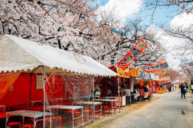 Osaka, Japonya - 3 Nisan 2019: O nehir kenarı Minami-Temma Park kiraz çiçekleri festivali ve sokak yiyecekleri durakları Yatai