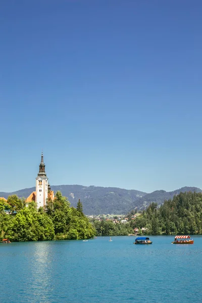 Lac Bled Église Pèlerinage Prise Charge Maria Bateau Slovénie — Photo