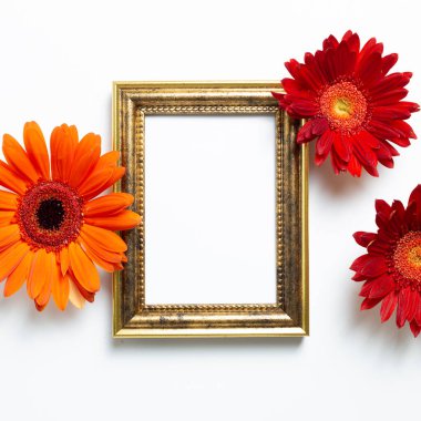 Beyaz arka planda Gerbera çiçekleri olan boş bir fotoğraf çerçevesi. Çiçek kompozisyonu, düz konum, üst görünüm, kopyalama alanı