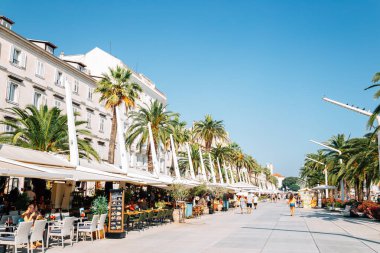 Split, Hırvatistan - 5 Temmuz 2019: Yazın tropik palmiye ağaçları olan Riva Caddesi restoranları