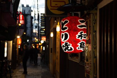 Osaka, Japonya - 3 Nisan 2019: Namba Dotonbori Hozenji Yokocho eski restoran ve bar sokağı