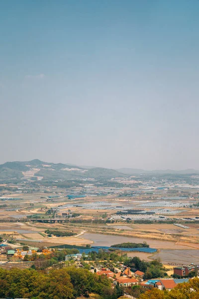 Anseong Město Rýžové Pole Panorama Pohled Horské Pevnosti Jukjusanseong Anseongu — Stock fotografie