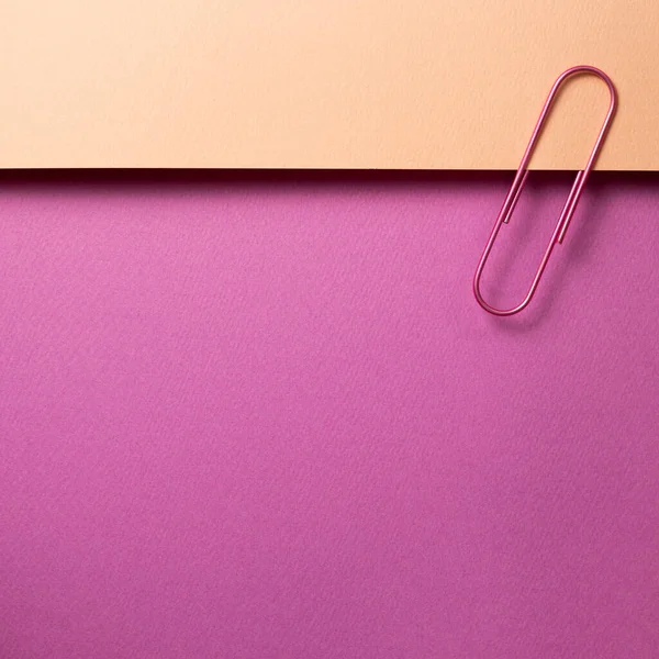Pink metal paper clip on pink paper sheet