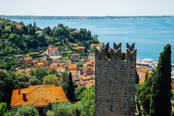 Panoramic view of Piran old town and Adriatic sea with City walls in Slovenia