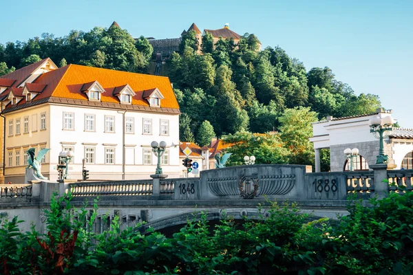 Dragon Bridge Ljubljana Castle Slovenia — стокове фото