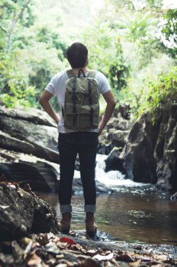 Orman doğal şelale içinde yürümek