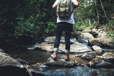 Orman doğal şelale içinde yürümek