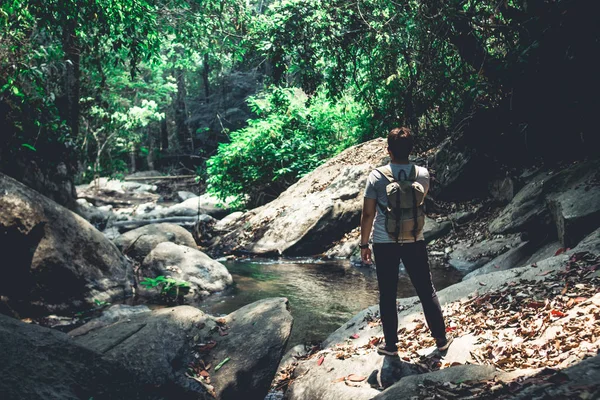 Viaje Bosque Hombre Caminando Agua Natural — Foto de Stock