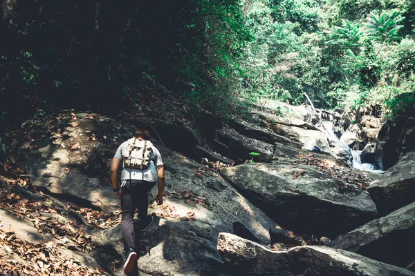 Viaje Bosque Hombre Caminando Agua Natural — Foto de Stock