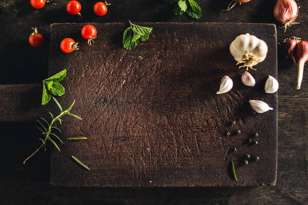 Wood Chopping board And herbs and spices cooking