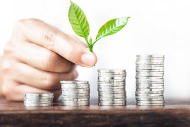 Para büyüme sikke gümüş ve genç el ve beyaz arka plan