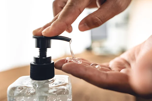 Alcohol Gel Cleaner Preventing Disease Covid Hand Pressing Sanitizer Wor — Stock Photo, Image