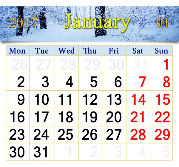 Kalender voor januari 2017 met berken grove — Stockfoto