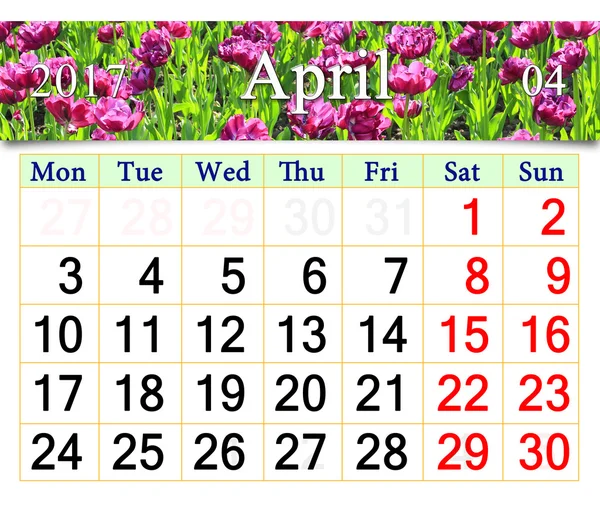 Calendar for April 2017 with lilac tulips — Stock Photo, Image