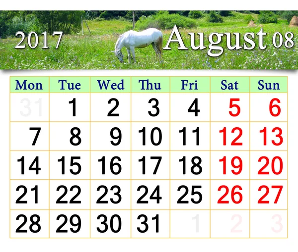Calendário para agosto 2017 com cavalo de pastejo branco — Fotografia de Stock