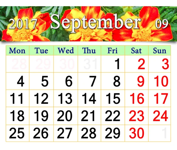 Calendar for September 2017 with marigolds — Stock Photo, Image