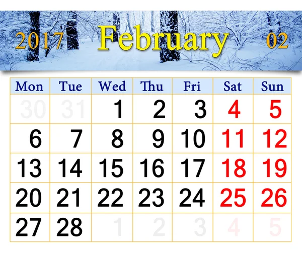 Calendário para fevereiro de 2017 com paisagem de inverno — Fotografia de Stock