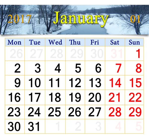 Kalender voor januari 2017 met winter rivier — Stockfoto