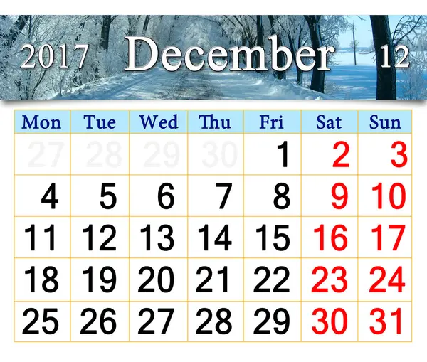 Kalendář na prosinec 2017 zimní cesta a stromy v jíní — Stock fotografie