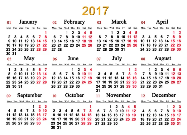 Calendario 2017 año —  Fotos de Stock