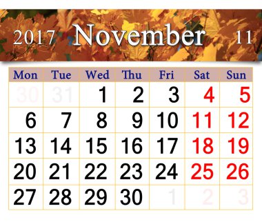 Takvim Kasım 2017 sarı yaprakları ile