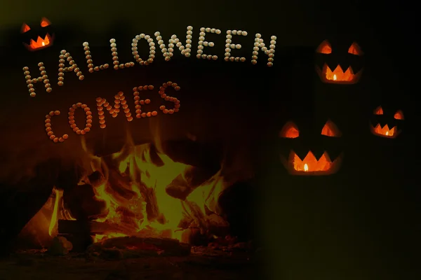 Abóboras fabulosas e inscrição Halloween na escuridão — Fotografia de Stock