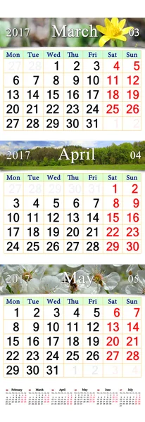 Calendar for March April and May 2017 with pictures — Stock Photo, Image