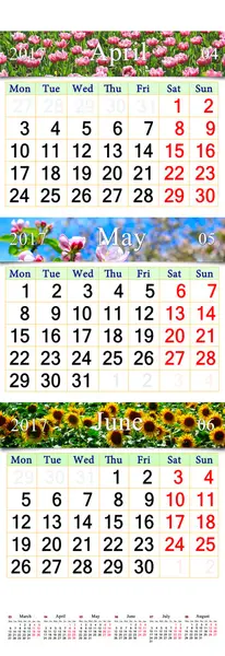 Kalender för April-juni 2017 med bilder — Stockfoto