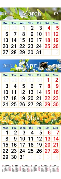 Calendario de marzo abril y mayo de 2017 con fotos — Foto de Stock