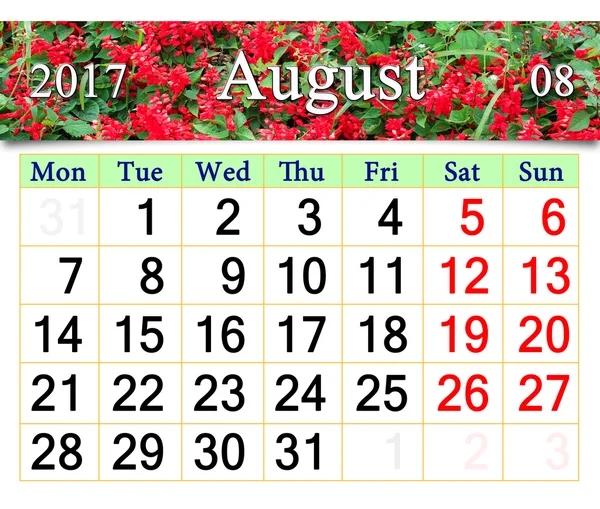 Calendário para agosto 2017 com imagem de salvia — Fotografia de Stock